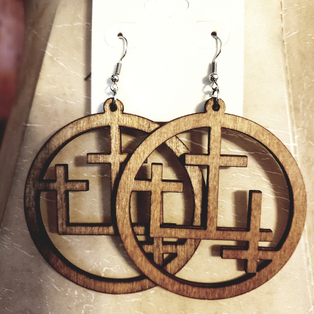 Wood Cross Circle Earrings